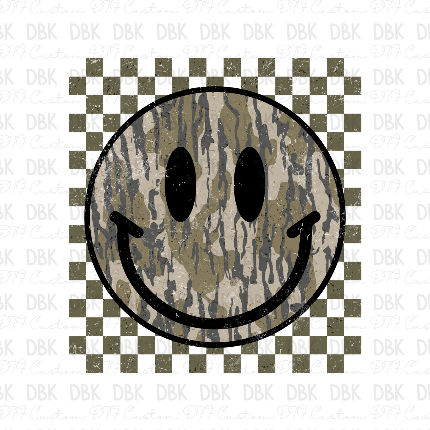 Camo smiley DARK GREEN checkered DTF transfer X5