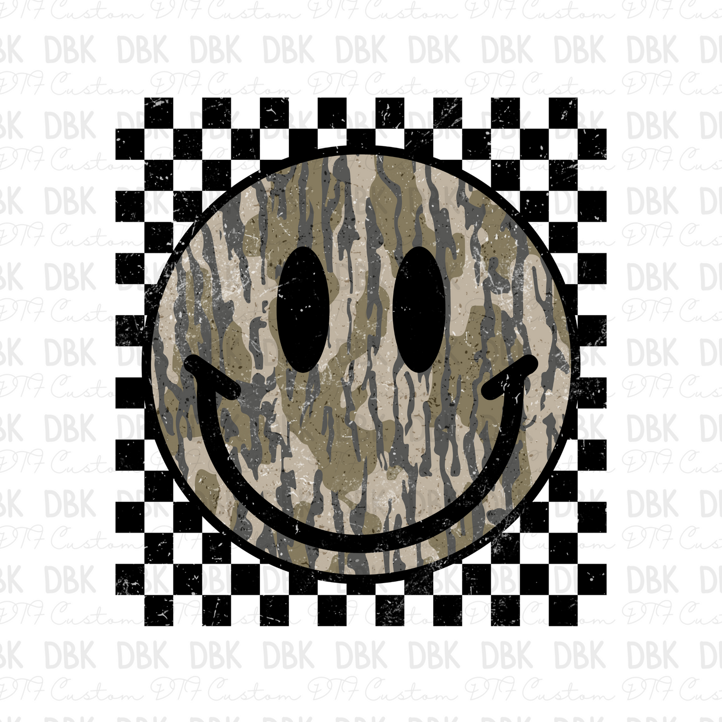 Camo smiley BLACK checkered DTF transfer X4