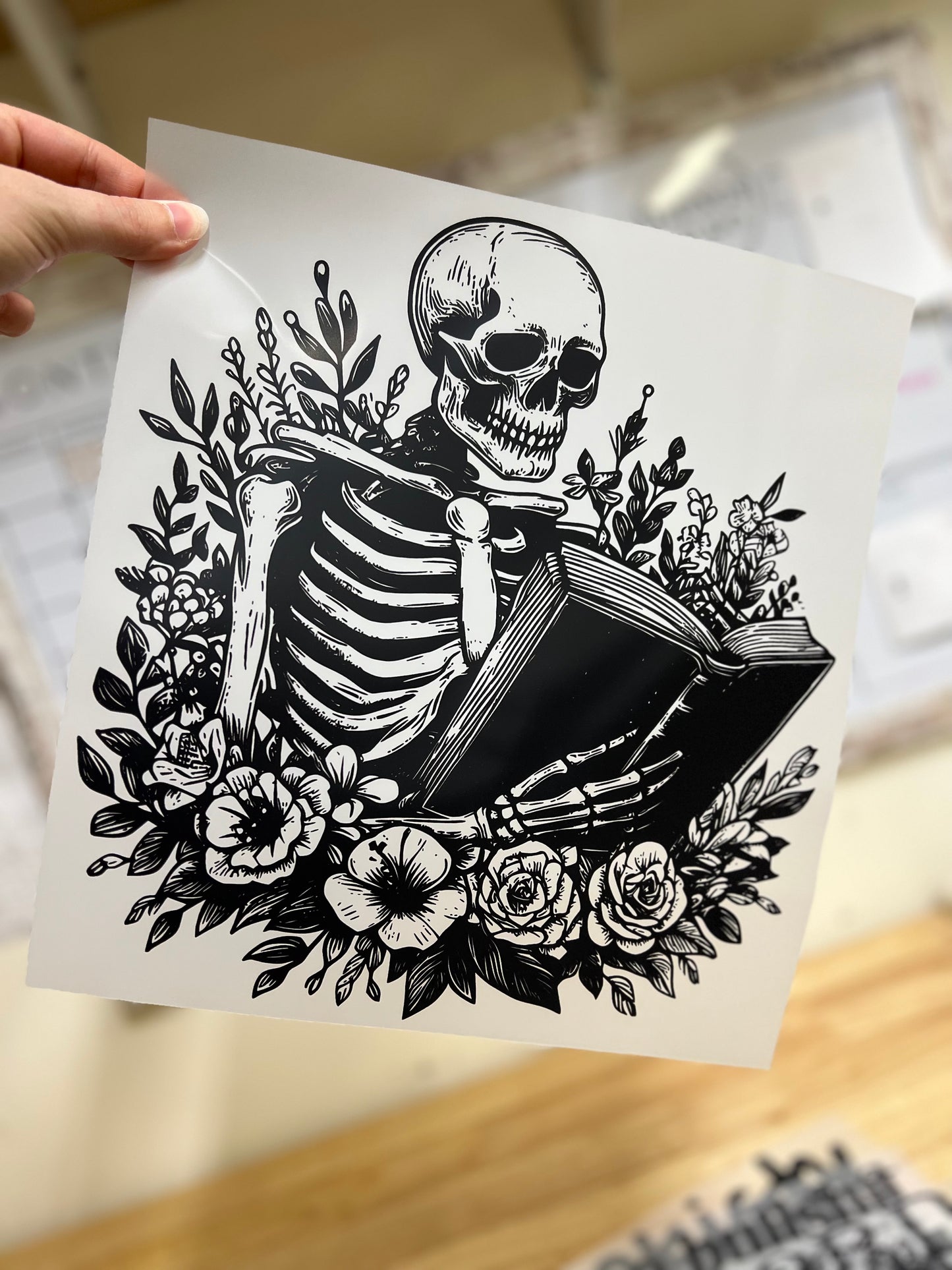 Skelly with book DTF transfer