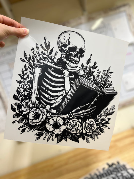 Skelly with book DTF transfer