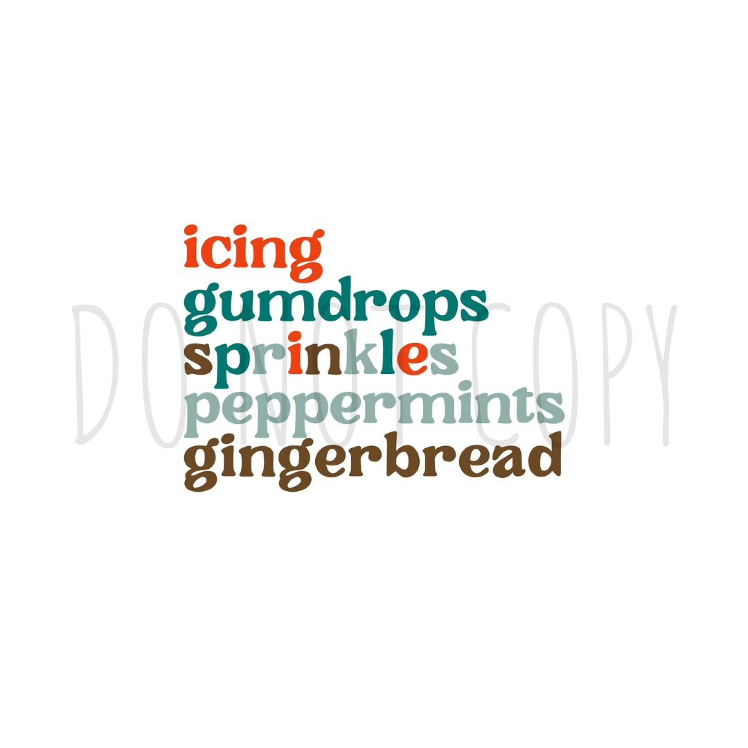 gingerbread words DTF transfer