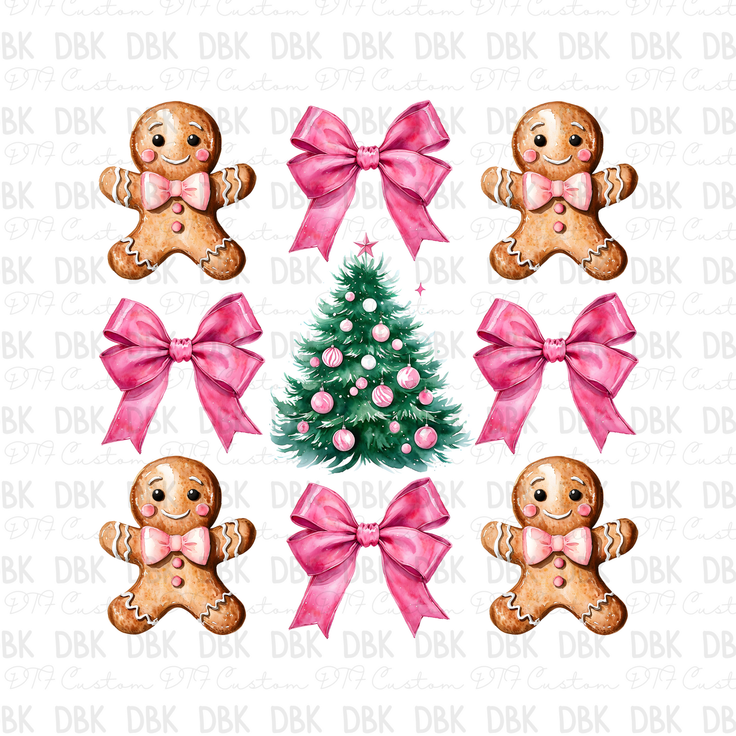 Gingerbread man, bows, and tree DTF Transfer E180