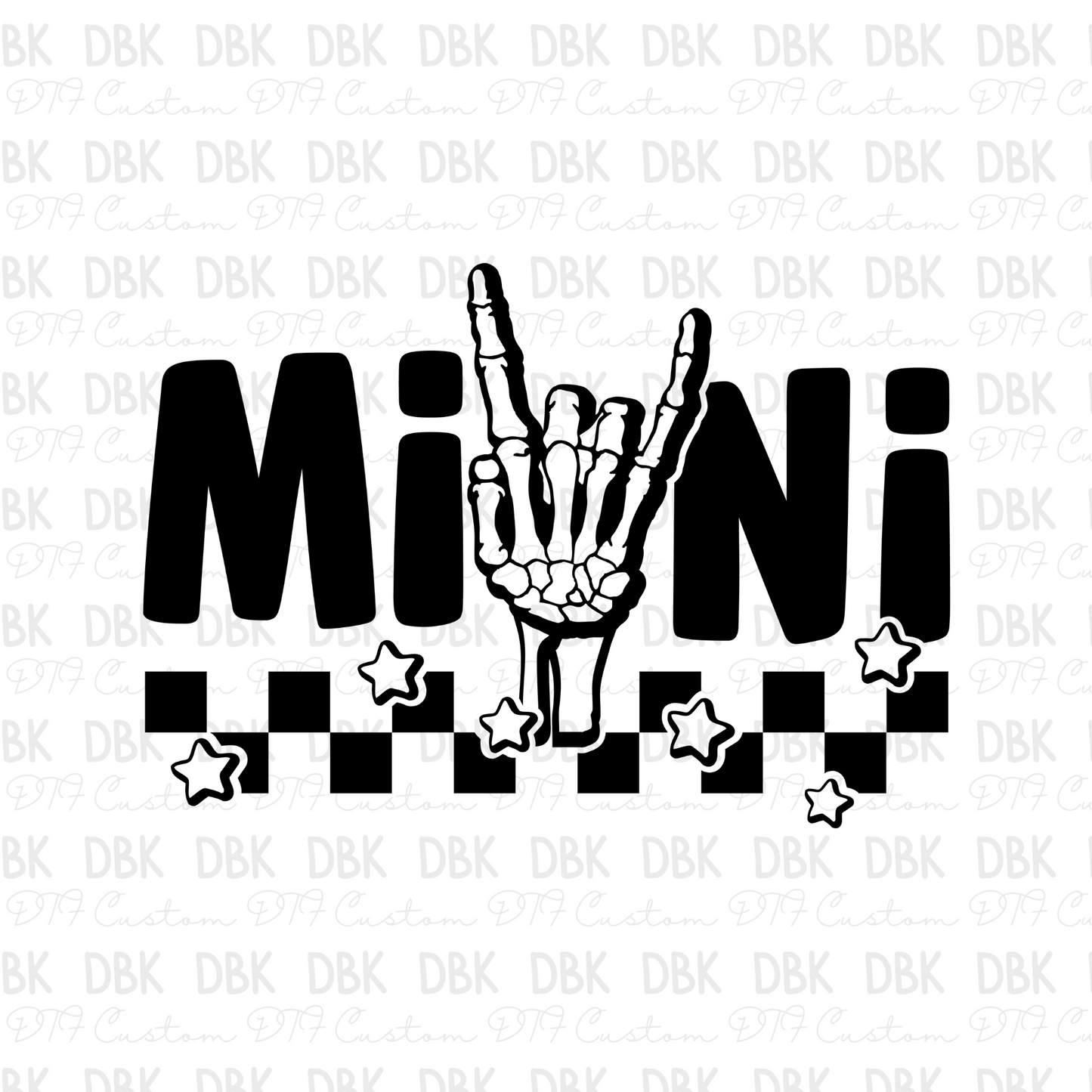 Mini with skull hand DTF transfer