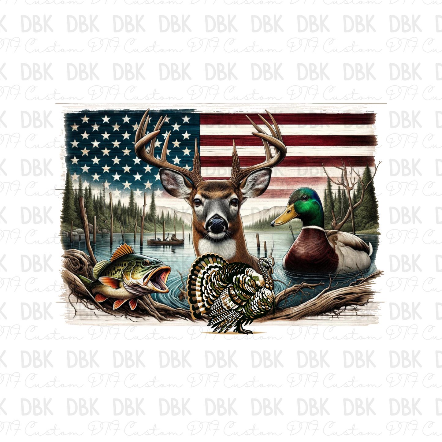 American flag. buck, fish, turkey, duck DTF Transfer