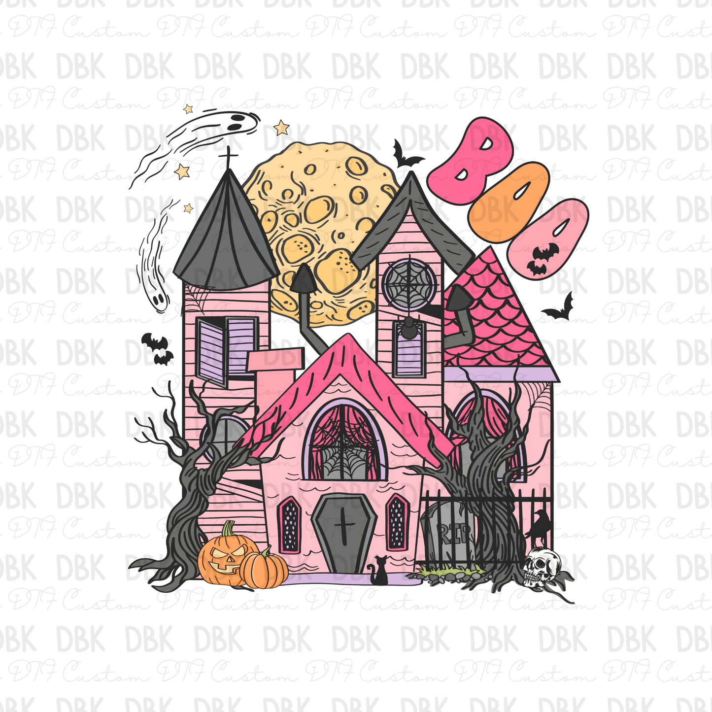 Pink haunted house DTF transfer H100