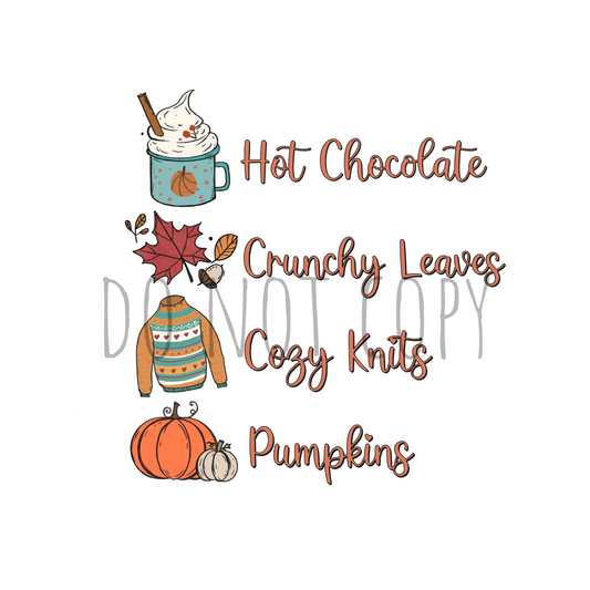 Hot chocolate crunchy leaves cozy knits pumpkins DTF transfer F20