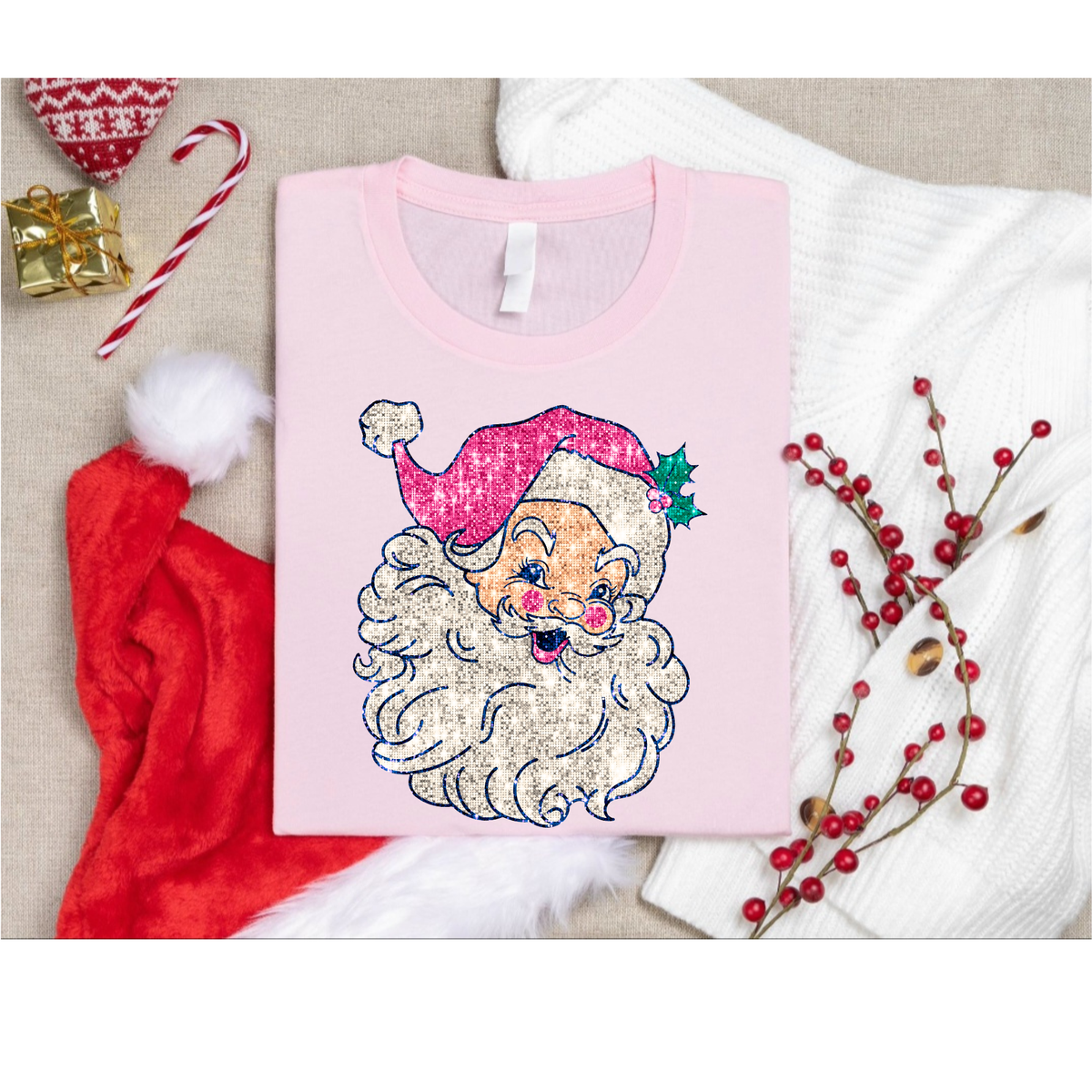 Pink Glitter Santa DTF Transfer