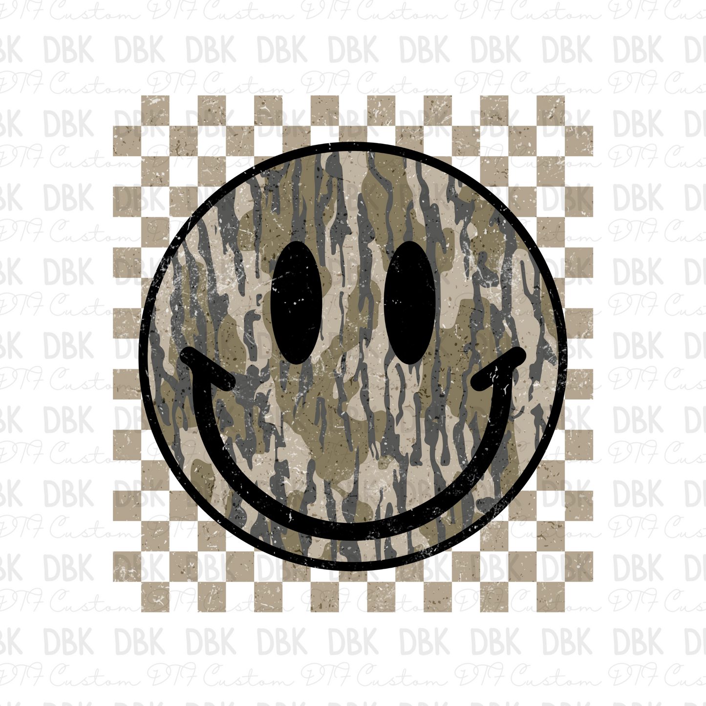 Camo smiley LIGHT GREEN checkered DTF transfer