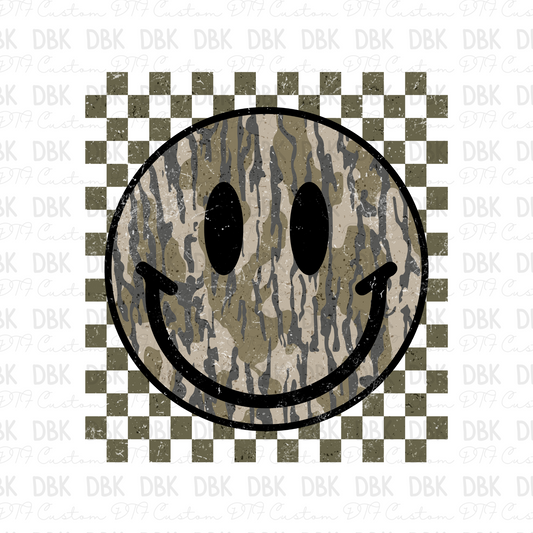 Camo smiley DARK GREEN checkered DTF transfer