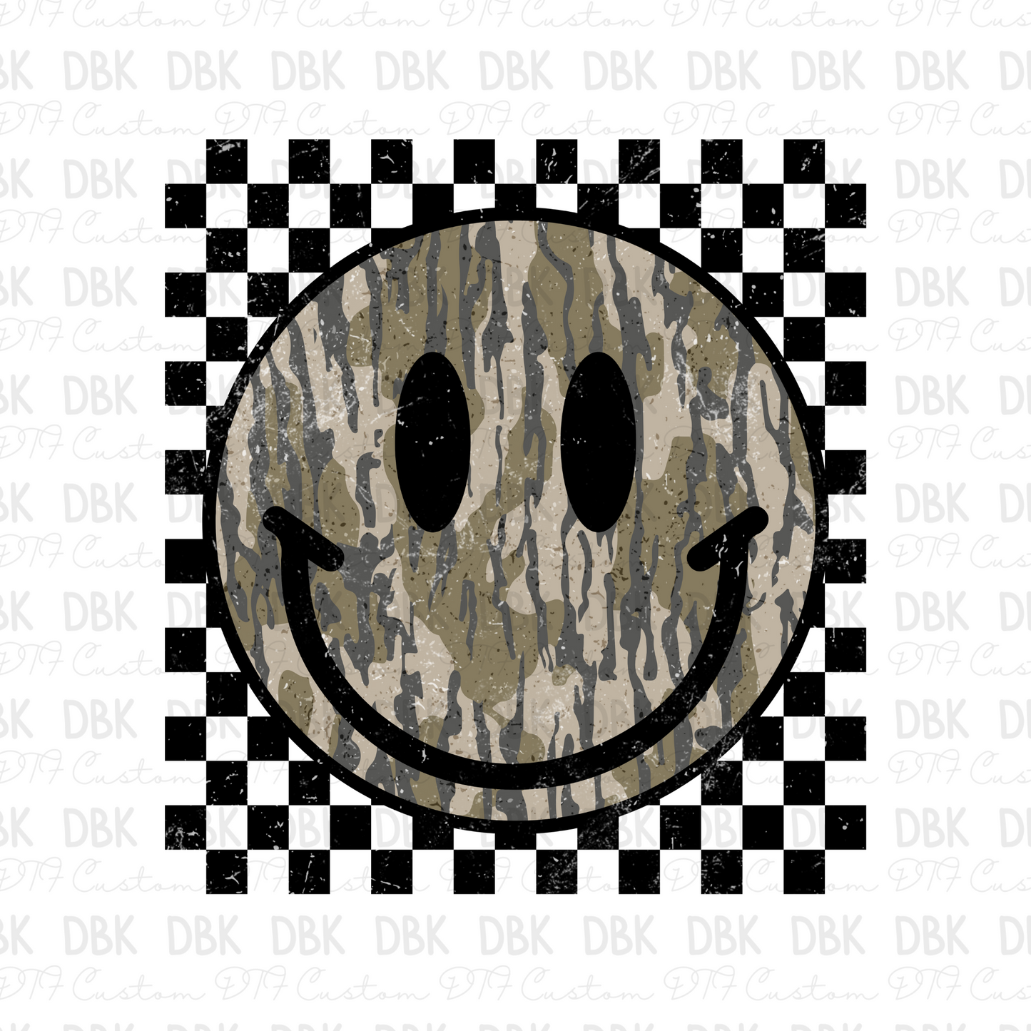 Camo smiley BLACK checkered DTF transfer