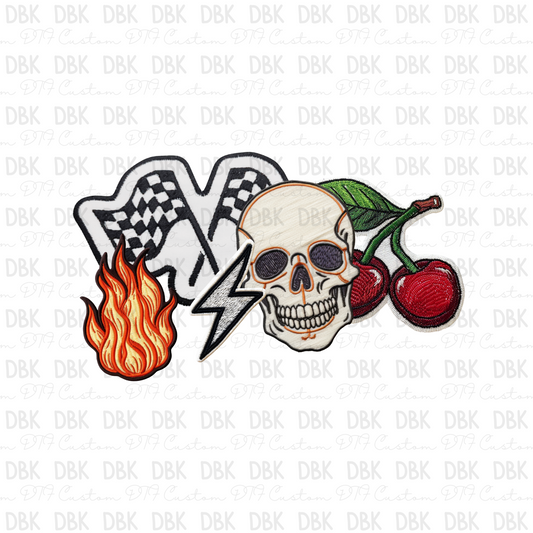 Fire flag skull cherry DTF transfer B95