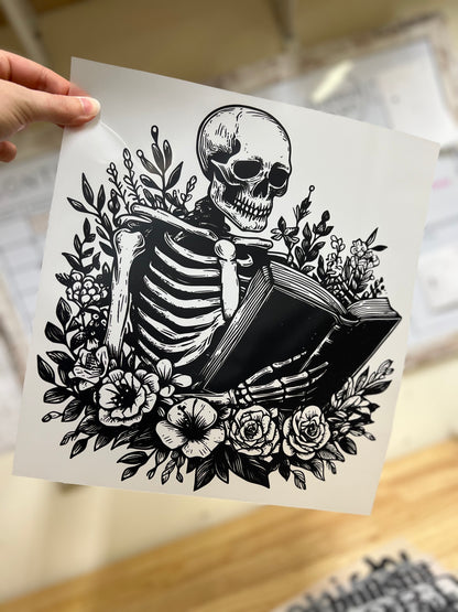 Skelly with book DTF transfer