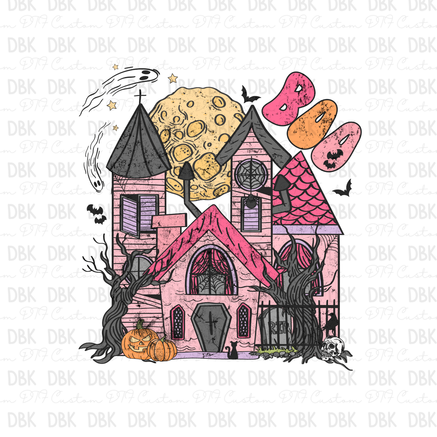 Pink haunted house grunge DTF transfer H75